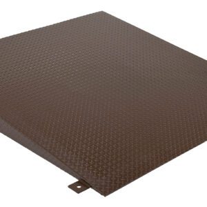The brown Vestil Scissor Dock Option Approach Ramp 8X48 features a textured steel diamond plate, suitable for loading. It is angled upward and includes two small base brackets for secure placement.