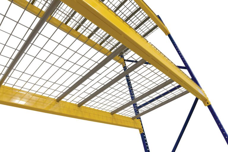 WMD-4246_A.jpg Low-angle view of Vestil Pallet Rack Wire Decking, 42 in x 46 in industrial shelving with yellow-bordered shelves and sturdy blue beams against a white background.