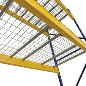 Low-angle view of Vestil Pallet Rack Wire Decking, 42 in x 46 in industrial shelving with yellow-bordered shelves and sturdy blue beams against a white background.