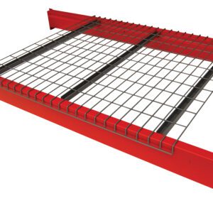 The Vestil Pallet Rack Wire Decking (42 In X 52 In) includes a metal wire mesh panel with a striking red frame, ideal for shelving or safety barriers. It features evenly spaced square openings and is reinforced by two horizontal metal supports underneath.