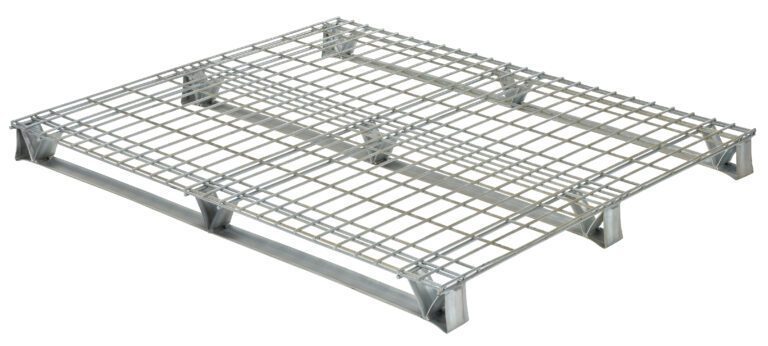 The Vestil Galvanized Welded Wire Pallet 40 X 48 features a rectangular mesh design with horizontal and vertical bars, supported by angled legs with reinforced edges, ensuring durability and reliability for storage.