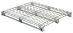 The Vestil Galvanized Welded Wire Pallet 48 X 48 features a silver metal wire open grid design with four sturdy legs, ideal for transporting and storing goods, providing durability and robust support for heavy loads. Shown on a white backdrop.