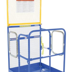 The blue Vestil Work Plat features a yellow mesh backrest, metal grating sides, rails on a compact 36x36 platform, a yellow safety latch, and an instructional sign on the mesh backrest.
