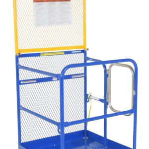 The Vestil Work Platform W/84 In Expand Back 36X36 is a blue and yellow safety cage with mesh sides and a secure gate, ideal for elevated forklift work. A safety notice on the back mesh panel enhances security.