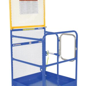 The Vestil Work Platform 84 In Back Casters 36X36, designed for forklift use, features an 84-inch yellow mesh back, a blue safety cage with red casters, a small entry gate, and a secure latch. Safety instructions are attached to the mesh back.