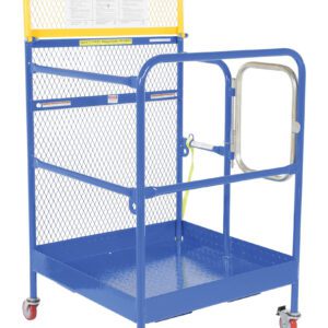 The Vestil Steel Work Platform W/Casters 36X36 is a blue and yellow safety cage with mesh sides, a front gate, and red wheels. Designed for forklift use, it includes safety instructions on the back panel to ensure secure handling.