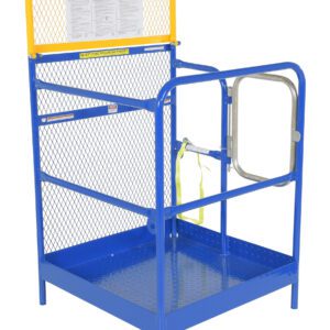 The Vestil Steel Work Platform 36X 36 In is a blue metal safety cage with mesh sides and a gate, designed for forklift use. It features a yellow top rail with instructions and includes a safety chain for secure harness attachment.