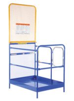 The Vestil Work Platform W/84 In Expand Back 36X48 has a blue safety cage with a yellow top border, metal mesh screen, right-side secure gate, and mesh backing. An instruction sheet is included for enhanced safety during elevated work with forklifts.