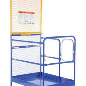 The Vestil Work Platform W/84 In Expand Back 36X48 has a blue safety cage with a yellow top border, metal mesh screen, right-side secure gate, and mesh backing. An instruction sheet is included for enhanced safety during elevated work with forklifts.