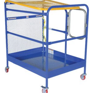The Vestil Work Platform 84 In Back Casters 36X48 features a blue metal safety cage with mesh walls, an open gate, and an 84 in back topped with a yellow safety bar. It includes red swivel caster wheels for mobility and is ideal for forklifts in industrial settings.