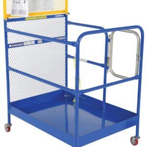 The Vestil Steel Work Platform W/Casters 36X48 showcases a blue and yellow frame, diamond-patterned mesh guardrail, side gate, and four red swivel casters for mobility. Important documents can be clipped to its top mesh panel.
