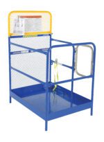 The Vestil Steel Work Platform 36 X 48 In has a blue metal frame with mesh siding, a back yellow safety railing, a side gate, safety instructions on the upper yellow section, and an inside yellow strap.