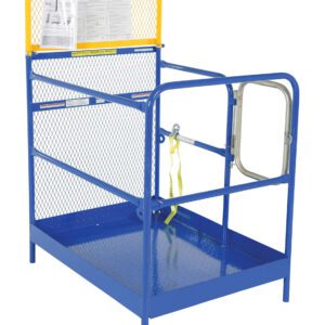 The Vestil Steel Work Platform 36 X 48 In has a blue metal frame with mesh siding, a back yellow safety railing, a side gate, safety instructions on the upper yellow section, and an inside yellow strap.