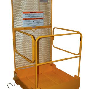 The Vestil Fold Down Platform W/84 In Back 37 X 37 is a yellow forklift attachment featuring mesh sides, a closed bottom, and a front swinging gate. Safety warnings are clearly displayed on the back panel.