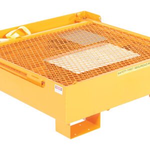 The Vestil Fold Down Work Platform 600 Lb 37 X 37 includes a yellow safety cage with metal mesh, reinforced edges, safety chains, latches, Safety First signage, and secure straps for forklift use.