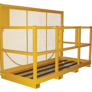 The Vestil Multiperson Work Platform 40 x 120 inches features a yellow safety cage with mesh sides, a solid base for secure lifting, safety rails, and a reinforced back panel for added protection.