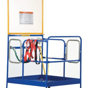Meet the Vestil Full Feat Work Plat W/84 In Back & 2 Ent: a blue and yellow steel forklift safety cage with mesh back panel, harness attachment, and small notice board for convenience and safety.