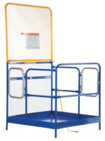 The Vestil Work Plat W/84 In Back & Dual Ent 48X48 has a blue and yellow safety cage with mesh sides, a swinging gate secured by a yellow strap, and a notice on the taller mesh back panel.