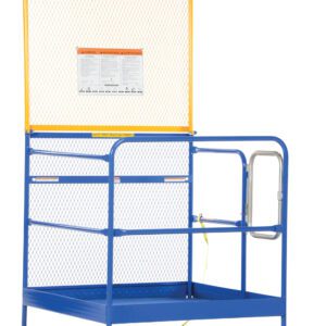 The blue steel Vestil Work Platform W/84 In Expand Back 48X48 has a yellow mesh safety railing and gate, features a safety notice on the mesh panel, and includes a secure safety strap for elevated work tasks.