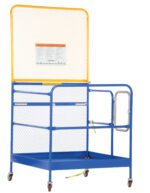 The Vestil Work Platform 84 In Back Casters 48X48 has a blue rolling safety design with a yellow mesh guardrail, back casters, an access gate, and an attached warning sign for safe elevated work area access. It measures 48x48 inches and stands 84 inches tall.
