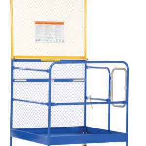 The Vestil Work Platform 84 In Back Casters 48X48 has a blue rolling safety design with a yellow mesh guardrail, back casters, an access gate, and an attached warning sign for safe elevated work area access. It measures 48x48 inches and stands 84 inches tall.