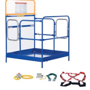 The Vestil Full Feat Work Platform W/2 Door Entry is a blue forklift safety cage featuring metal mesh sides and dual gates. Included are a yellow coiled hose, gray control box, green heavy-duty rope, and a red and black safety harness.