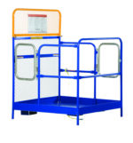The Vestil Steel Work Platform W/2 Door Entry 48X48 is blue with mesh back, side rails, two safety gates with latches, an orange top bar, and a notice on the back panel. Designed to sit on flat surfaces.
