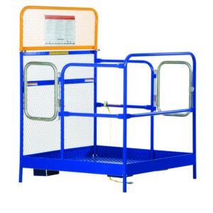 The Vestil Steel Work Platform W/2 Door Entry 48X48 is blue with mesh back, side rails, two safety gates with latches, an orange top bar, and a notice on the back panel. Designed to sit on flat surfaces.