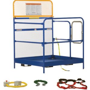 The blue and yellow Vestil Full Feat Work Platform 48X48 is a safety cage with mesh sides, perfect for lifting or securing tasks. It comes with vital accessories: a control box with a cord, a green cord with metal hooks, and a red and black harness.