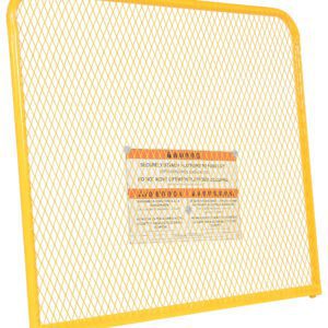 A freestanding yellow metal safety barrier with a lattice design and central warning label resembles the Vestil Work Platform Optional 84 In Back Height 48W, providing protection with its 84-inch back height and 48-inch width.