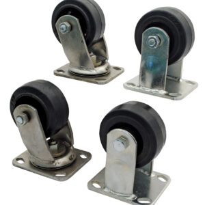 Four swivel caster wheels with black rubber tires and metallic bases are set against a white backdrop, echoing the sturdy design of the Vestil Work Platform Fold Down Casters Option.