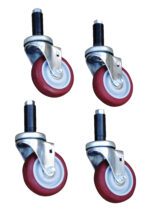 Four red Vestil Work Platform Optional Casters with silver metal brackets and black mounting stems, designed for effortless mobility, are displayed in pairs on a clean white background to highlight their sturdy construction and versatile application.