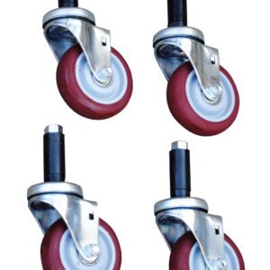 Four red Vestil Work Platform Optional Casters with silver metal brackets and black mounting stems, designed for effortless mobility, are displayed in pairs on a clean white background to highlight their sturdy construction and versatile application.