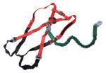 The Vestil Medium Work Platform Harness W/ Lanyard includes red and black adjustable straps, metal buckles, and a green elastic lanyard with a sturdy hook, providing excellent personal fall protection for construction or climbing.