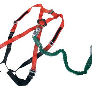 The Vestil Small Work Platform Harness W/ Lanyard features a red and black design with sturdy metal buckles, a green lanyard, and a silver hook, ensuring safety and reliability for any task.