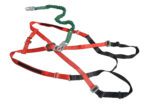 The Vestil 2XL Work Platform Harness W/ Lanyard features red and black straps with metal buckles and connectors, plus a green elastic lanyard with a silver hook for height safety.