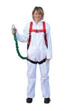 A person in a white protective suit and goggles holds a green tether, wearing a Vestil 3XL Work Platform Harness with Lanyard over their suit and black shoes against a plain white background.