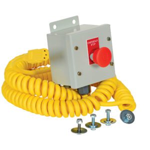 The yellow coiled industrial cable showcases the Vestil Work Platform Stop Button Box, featuring a red button on a gray panel, with three bolts and washers nearby for mounting.