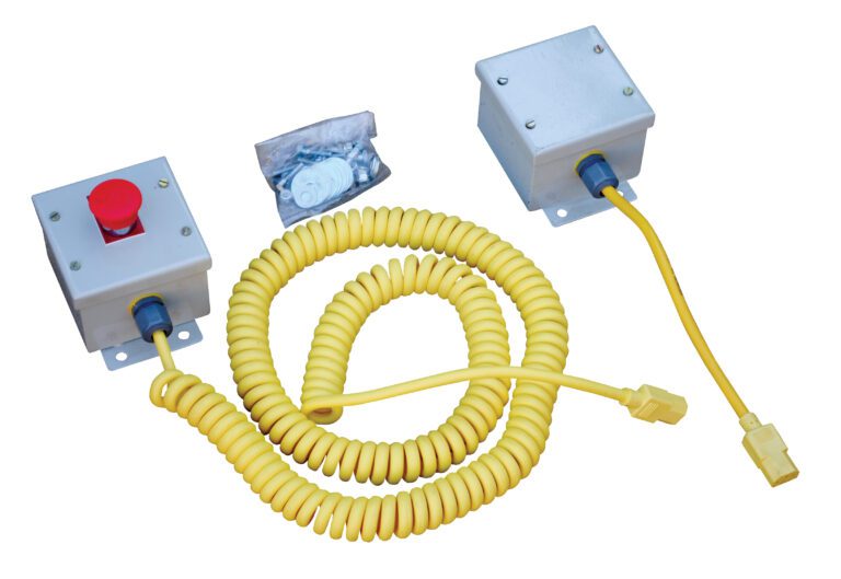 The Vestil Work Platform includes two gray control boxes interconnected by a coiled yellow cable; one box features an optional red emergency stop button. A small bag of screws is also included.