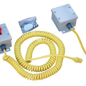 The Vestil Work Platform includes two gray control boxes interconnected by a coiled yellow cable; one box features an optional red emergency stop button. A small bag of screws is also included.