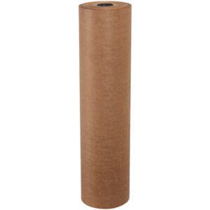 A large roll of brown kraft paper stands upright, reminiscent of the MH-USA 60 - Waxed Paper Rolls (1500/Roll). It is tightly wound and smooth with a visible opening at the top.