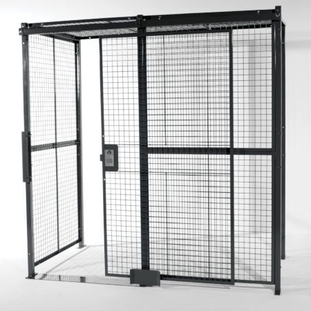 The Vestil Sliding Door W/Ceiling Cage 4 Side 10X10 boasts a metal frame with wire mesh panels, featuring an open entrance and secure access panel. Its industrial design stands out against a white background, highlighting its functionality and form.