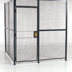 The Vestil Hinged Door W/Ceiling Cage 4 Sided 8X8 has a black metal wire grid with a secure latch, an open rectangular frame, and stands on a white background, highlighting its functional and robust design.