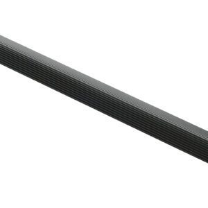A black, ribbed plastic strip with a curved edge and rounded corners, similar to the Vestil Extruded Alum Hose&Cable Crossover 24Blk, has parallel grooves running along its length.