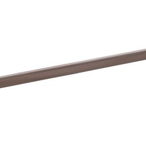 The Vestil Extruded Alum Hose&Cable Crossover 24Brn is a long metallic strip with parallel grooves and a circular hole at one end, showcased on a white background emphasizing its precision design.