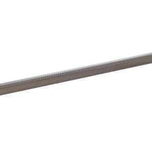 A long, flat door sweep with a ribbed texture and metal-wood color to seal gaps against drafts, dust, and insects. Similar to the Vestil Extruded Alum Hose&Cable Crossover 36Brn, it features an upward angle on a plain white background.