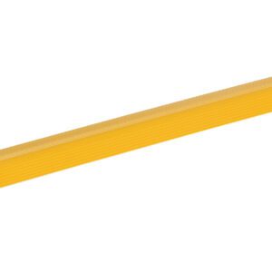 A yellow ruler, similar to the Vestil Extruded Alum Hose&Cable Crossover 36Yel, has a textured surface and a small hole on one end. It is artfully placed diagonally on a pristine white backdrop.
