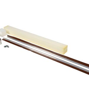 An organized set on a white background features long rods, two foam blocks similar to weather strips, a can of liquid, and small metal pieces. These items are parts of the Vestil Weather Strip Replace Vinyl 85 In Pit maintenance kit.