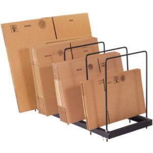 A metal MH-USA 44 x 18 x 26 Single Tier Carton Stand displays three rows of brown cardboard boxes, stacked neatly from largest at the back to smallest in front, featuring a black base and vertical supports for stability and organization.