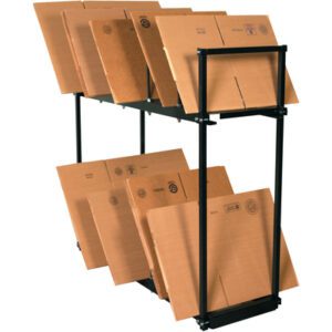 The freestanding MH-USA Two Tier Carton Stand (54 x 18 x 50) is a metal shelving unit designed to hold and organize various-sized flat cardboard boxes, featuring two levels with multiple sections for easy access and neat storage.